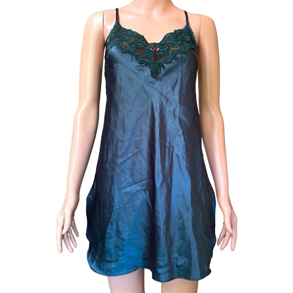 Soft Sensations Emerald Green Satin Slip Dress Lace Rosette Size Small